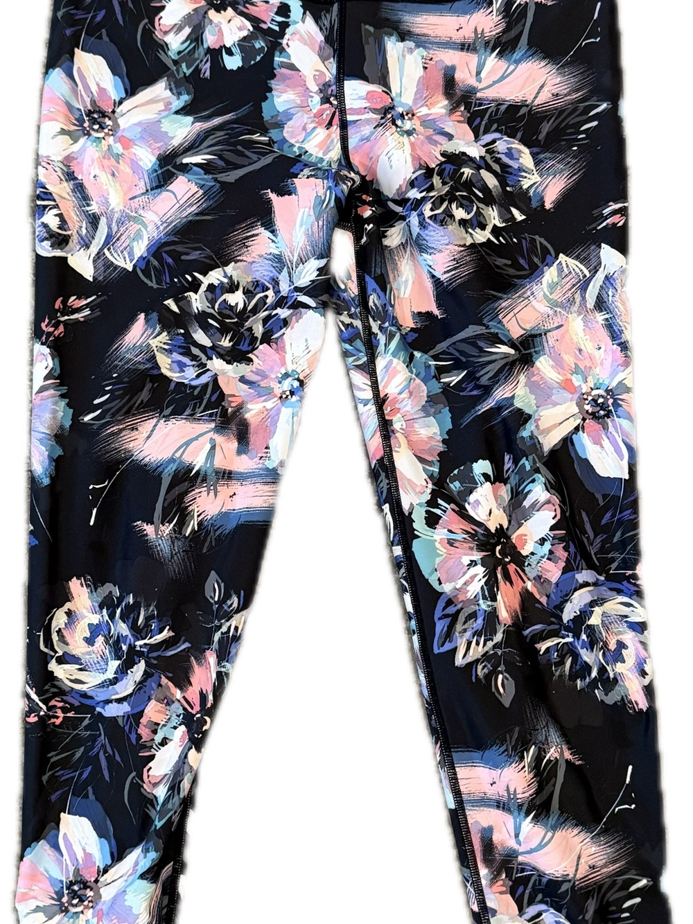 Fabletics Floral Black Leggings with Pink, Blue & White Accents